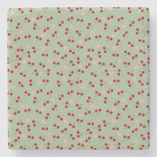 Cherries Pattern on Green Background Stone Coaster (Front)