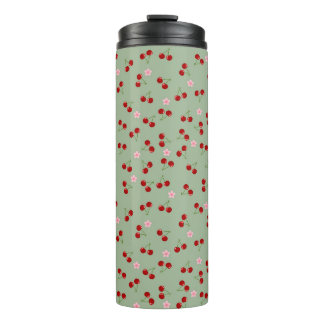 Cherries Pattern on Green Background Thermal Tumbler