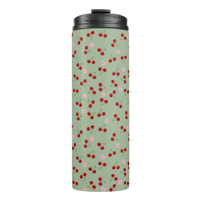 Cherries Pattern on Green Background Thermal Tumbler (Front)