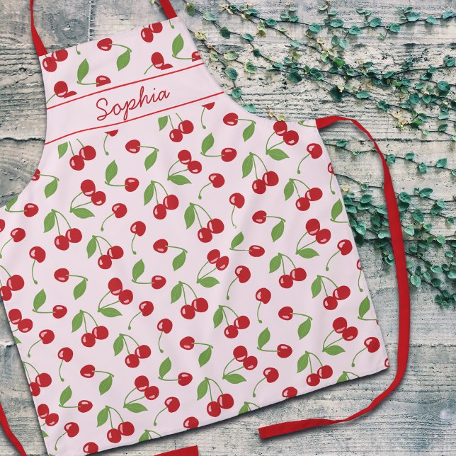 Cherries Pattern With Pale Pink Name Apron (Creator Uploaded)