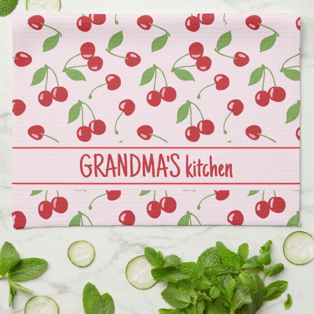 Cherries Pattern With Pale Pink Name Apron Kitchen Towel (Folded)