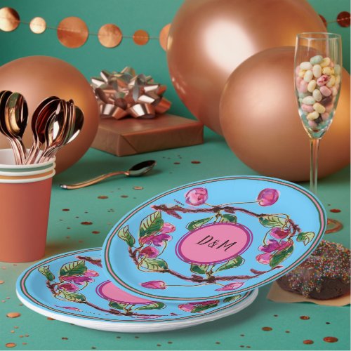 Cherries Pink Fruit on Turquoise with Initials Pap Paper Plates