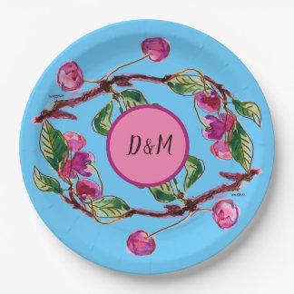 Cherries Pink Fruit on Turquoise with Initials Paper Plates