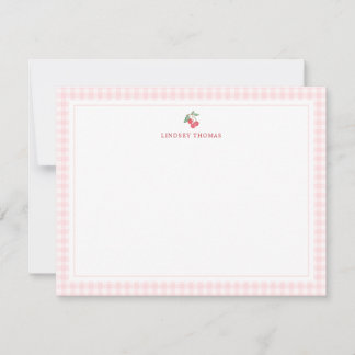 Cherries Pink Gingham Border Personalized Note Card