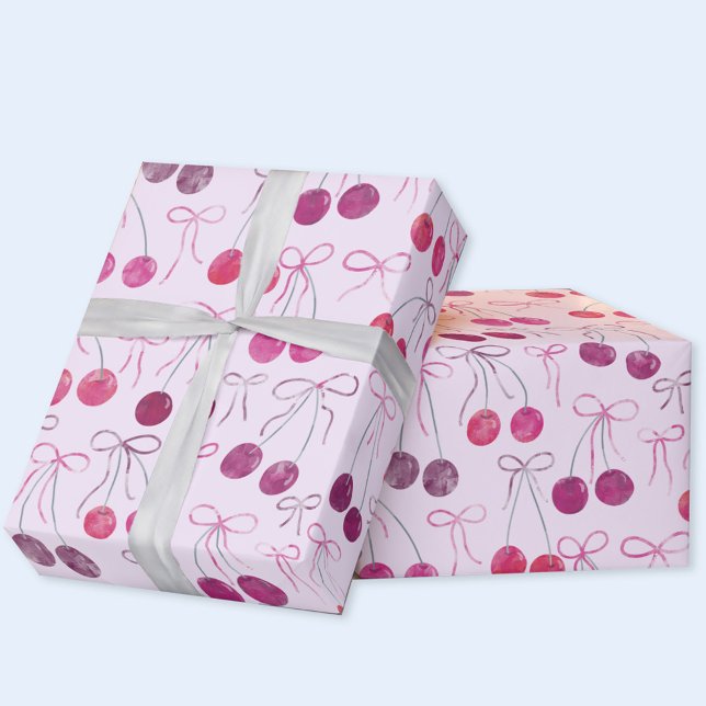 Cherries Ribbons and Bows Watercolor Pattern Wrapping Paper (Cherries, ribbons and bows gift wrapping paper roll)