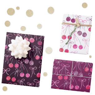 Cherries Ribbons and Bows Watercolor Pattern Wrapping Paper Sheets