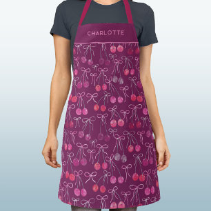 Cherries Ribbons Bows Pink Watercolor Personalized Apron