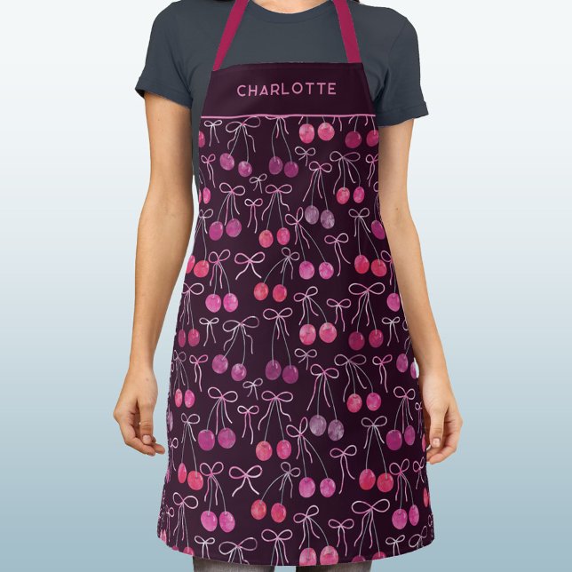 Cherries Ribbons Bows Watercolor Personalized Apron (Watercolor cherries, ribbons and bows pattern black cherry personalized name apron)