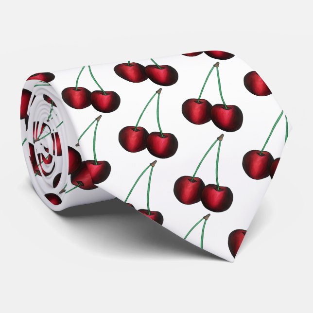 Cherries Ripe Red Cherry Summer Fruit Print Neck Tie (Rolled)