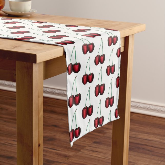 Cherries Ripe Red Cherry Summer Fruit Print Short Table Runner (In Situ)