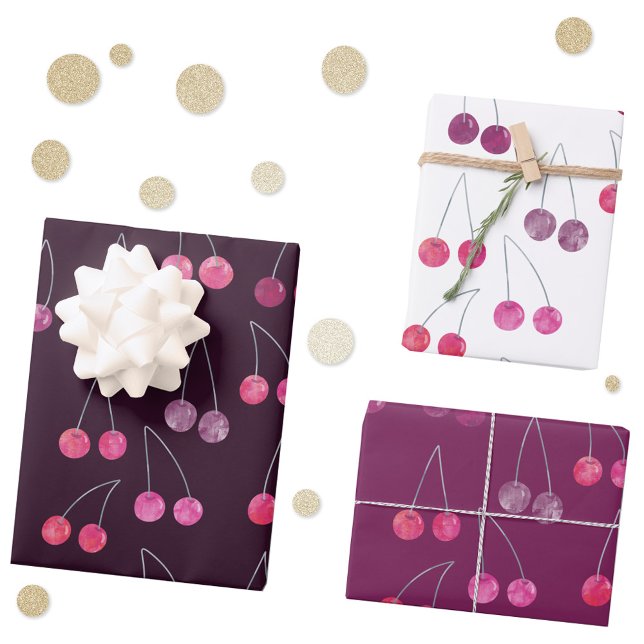 Cherries Watercolor Pattern Wrapping Paper Sheets (Watercolor cherries pattern gift wrapping paper sheets)