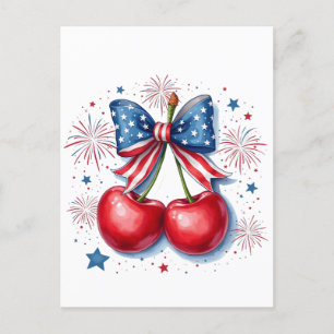 Cherries with Coquette Bow 4th of July American Announcement Postcard