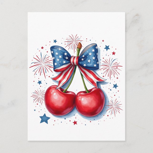 Cherries with Coquette Bow 4th of July American   Postcard (Front)