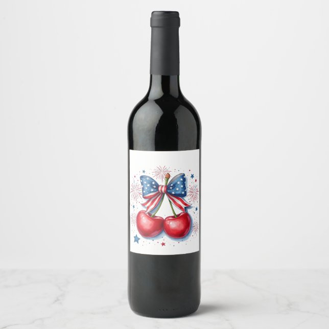 Cherries with Coquette Bow 4th of July American   Wine Label (Front)