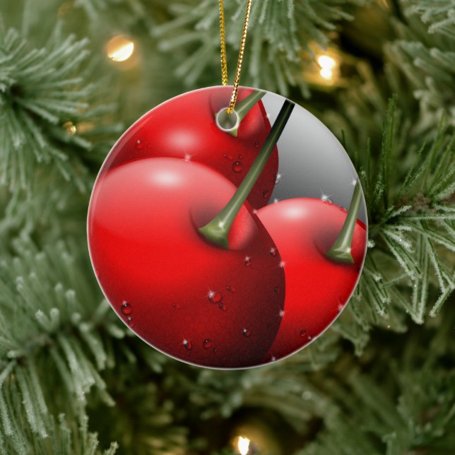 Cherries with Dew Drops Ceramic Ornament (Tree)