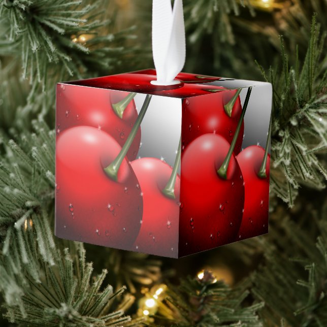 Cherries with Dew Drops Cube Ornament (Tree)