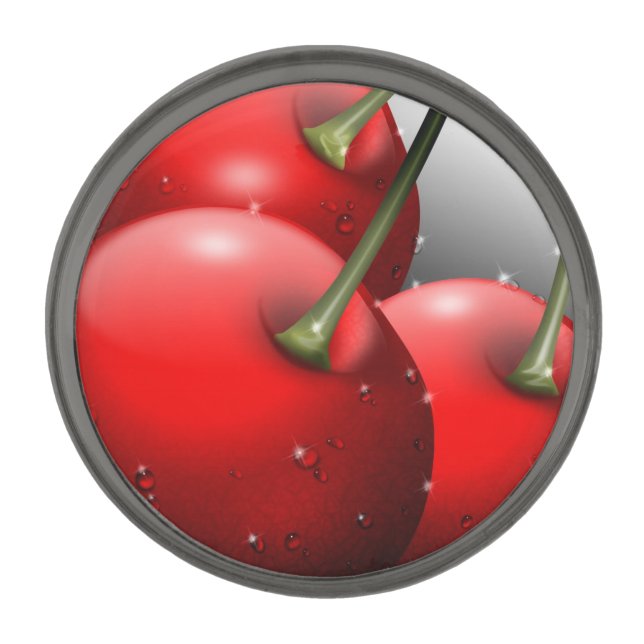 Cherries with Dew Drops Gunmetal Finish Lapel Pin (Front)