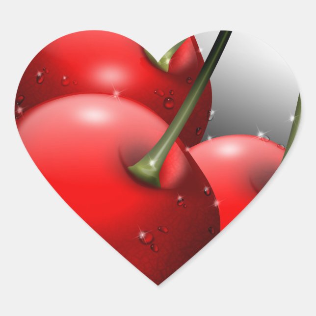 Cherries with Dew Drops Heart Sticker (Front)