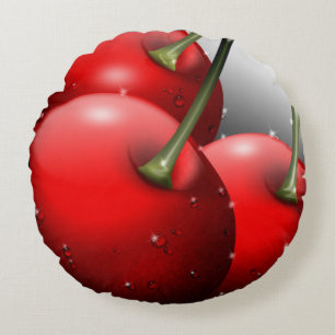 Cherries with Dew Drops Round Pillow