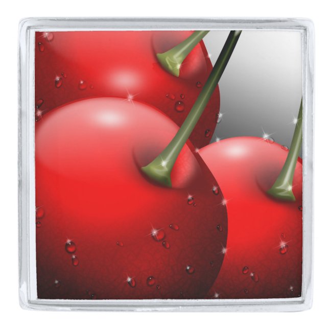 Cherries with Dew Drops Silver Finish Lapel Pin (Front)