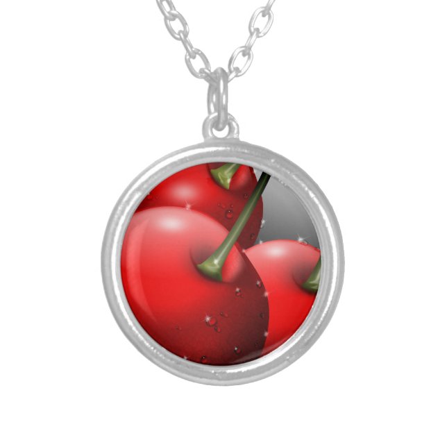 Cherries with Dew Drops Silver Plated Necklace (Front)