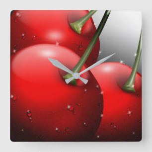Cherries with Dew Drops Square Wall Clock