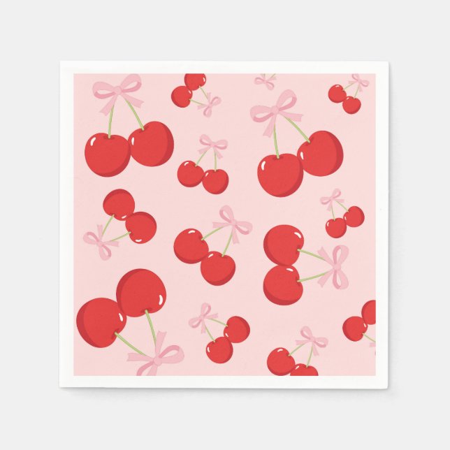 Cherries with Pink Bow Coquette Birthday Party Napkins (Front)