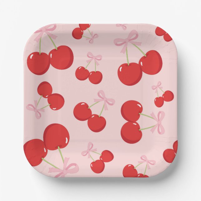 Cherries with Pink Bow Coquette Birthday Party Paper Plates (Front)