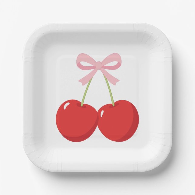 Cherries with Pink Bow Coquette Birthday Party Paper Plates (Front)