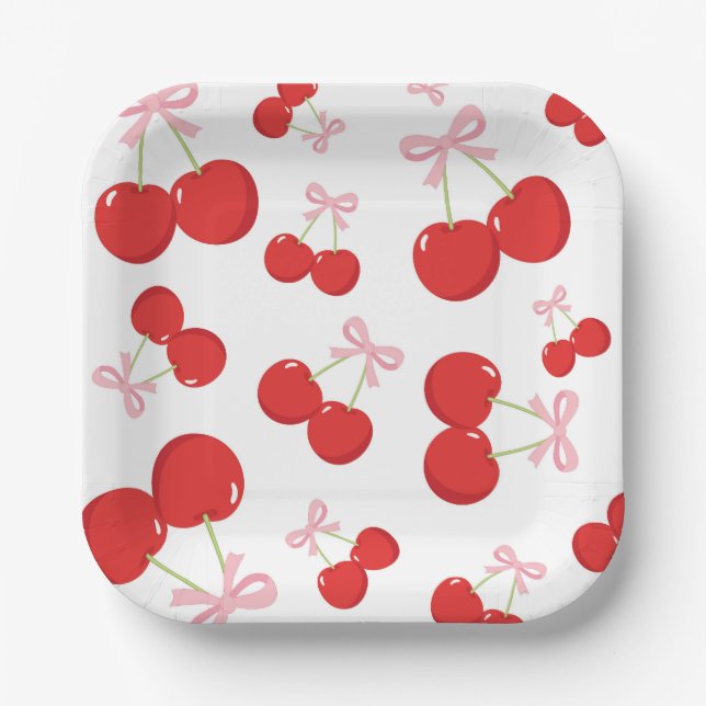 Cherries with Pink Bow Coquette Birthday Party Paper Plates (Front)