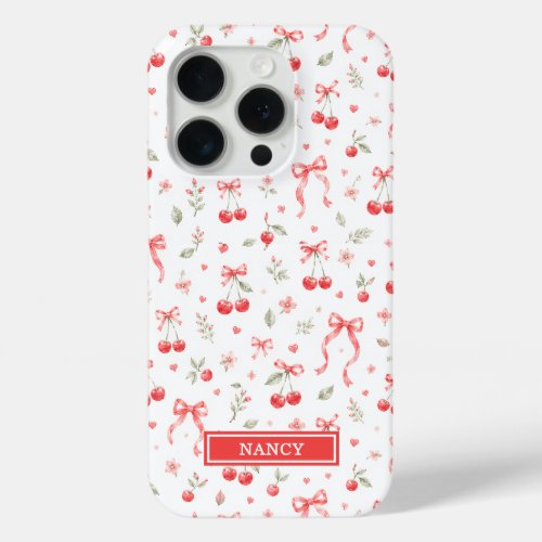 Cherries With Red Coquette Bows Monogrammed iPhone 15 Pro Case