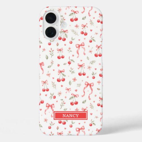 Cherries With Red Coquette Bows Monogrammed iPhone 16 Plus Case