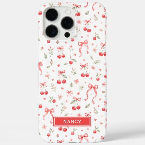 Cherries With Red Coquette Bows Monogrammed iPhone 16 Pro Max Case