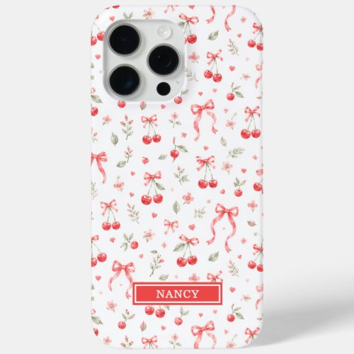 Cherries With Red Coquette Bows Monogrammed iPhone 15 Pro Max Case