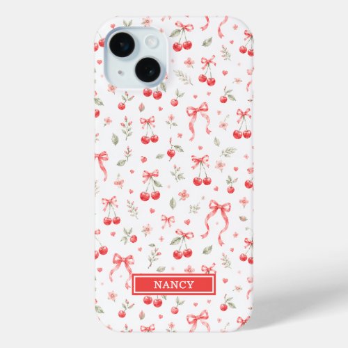 Cherries With Red Coquette Bows Monogrammed iPhone 15 Plus Case