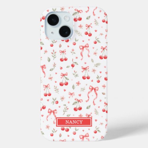 Cherries With Red Coquette Bows Monogrammed iPhone 15 Case