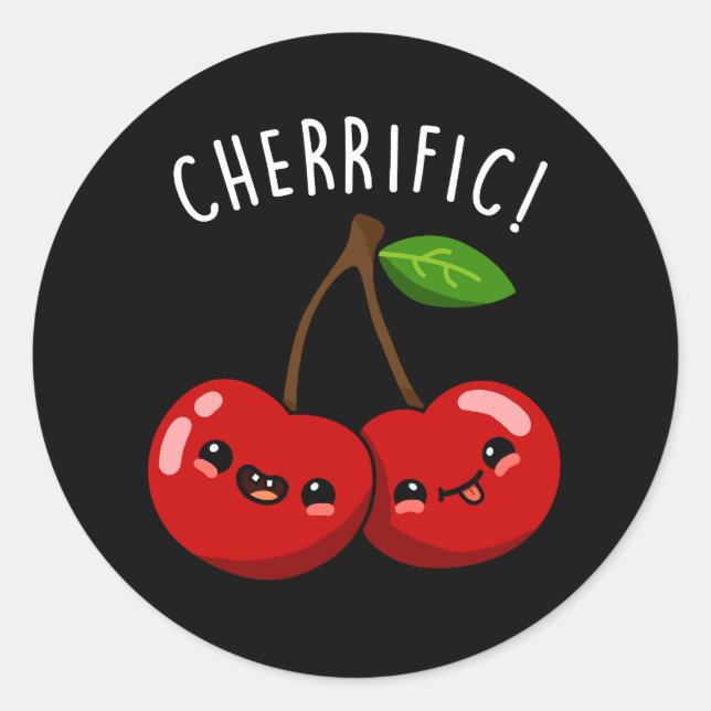 Cherrific Funny Red Cherry Pun Dark BG Classic Round Sticker (Front)