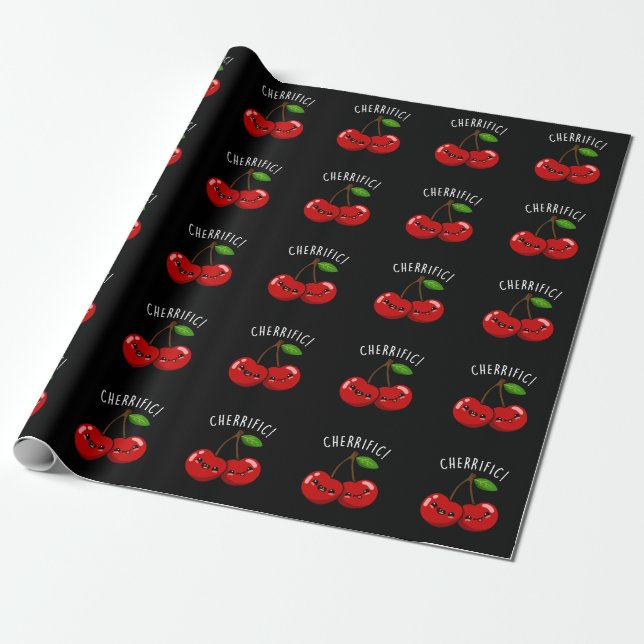 Cherrific Funny Red Cherry Pun Dark BG Wrapping Paper (Unrolled)