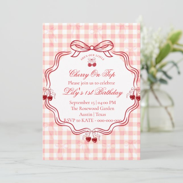 Cherry 1st Birthday Invitation | Pink Gingham Bow  (Standing Front)