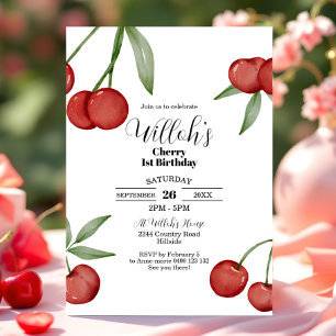 Cherry 1st Birthday Invitation Summer Cherries