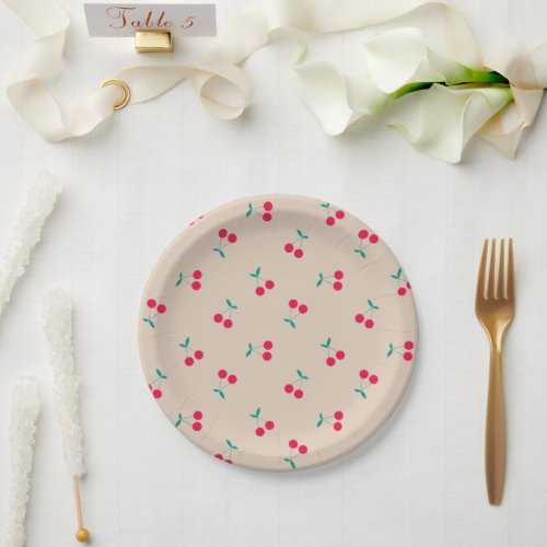 Cherry Aesthetic Cherries Pattern Beige Paper Plates