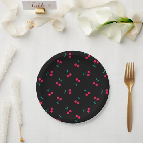 Cherry Aesthetic Cherries Pattern Black  Paper Plates