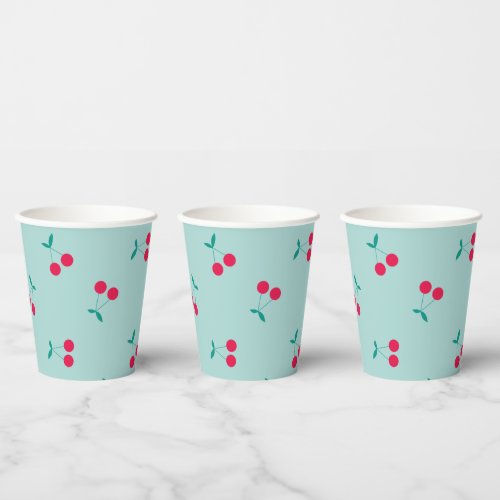 Cherry Aesthetic Cherries Pattern Pastel Blue Paper Cups