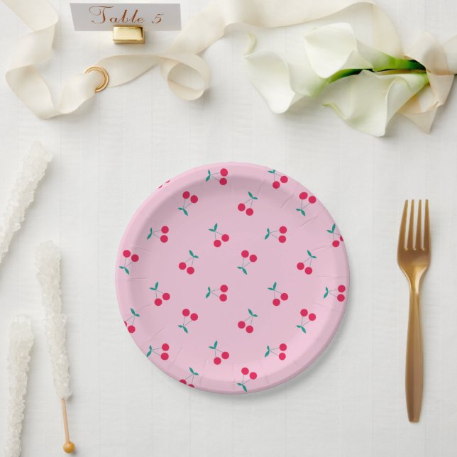 Cherry Aesthetic Cherries Pattern Pink Paper Plates (Wedding)