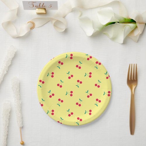 Cherry Aesthetic Cherries Pattern Yellow Paper Plates