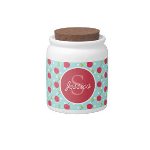 Cherry and Blue Polka Dot Pattern Personalised Candy Jar
