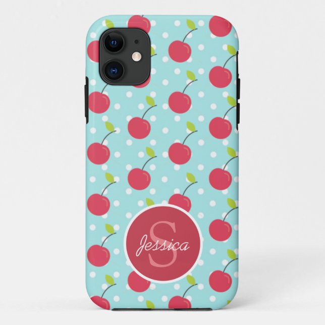 Cherry and Blue Polka Dot Pattern Personalised Case-Mate iPhone Case (Back)