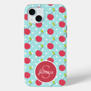 Cherry and Blue Polka Dot Pattern Personalised iPhone 15 Plus Case