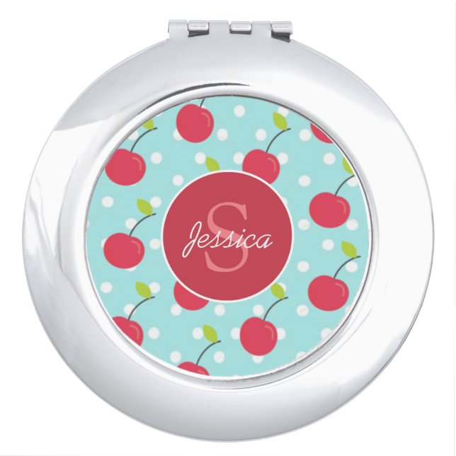 Cherry and Blue Polka Dot Pattern Personalised Compact Mirror (Front)