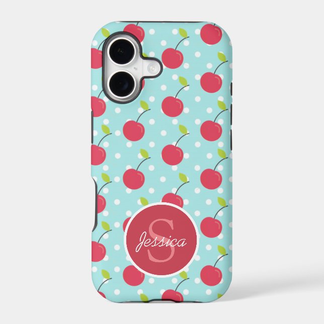 Cherry and Blue Polka Dot Pattern Personalised Iphone Case (Back)